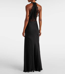 Saint Laurent Lace-trimmed silk charmeuse gown