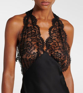 Saint Laurent Lace-trimmed silk charmeuse gown