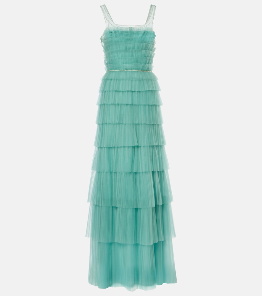 Costarellos Kali embellished tulle-trimmed pliss√É¬© gown. Costarellos Kali 缀饰薄纱褶皱礼服