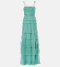 Costarellos Kali embellished tulle-trimmed pliss√É¬© gown. Costarellos Kali 缀饰薄纱褶皱礼服