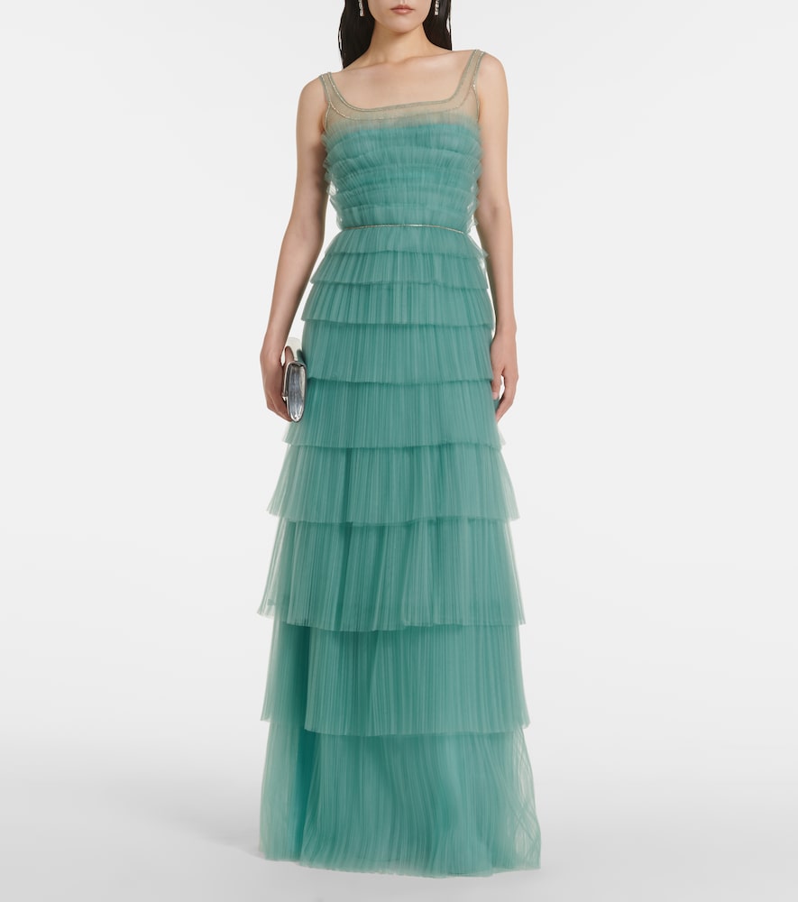 Costarellos Kali embellished tulle-trimmed pliss√É¬© gown