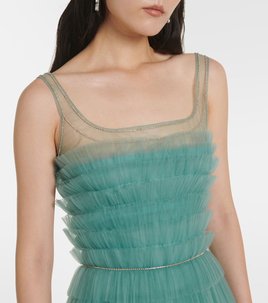 Costarellos Kali embellished tulle-trimmed pliss√É¬© gown