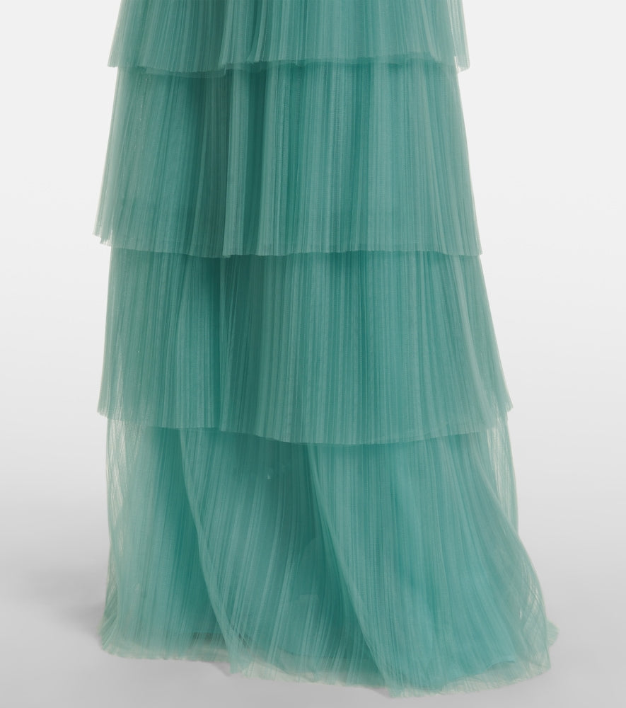 Costarellos Kali embellished tulle-trimmed pliss√É¬© gown