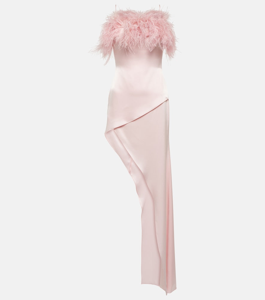 David Koma Feather-trimmed satin midi dress. David Koma 羽毛饰边缎面中长连衣裙