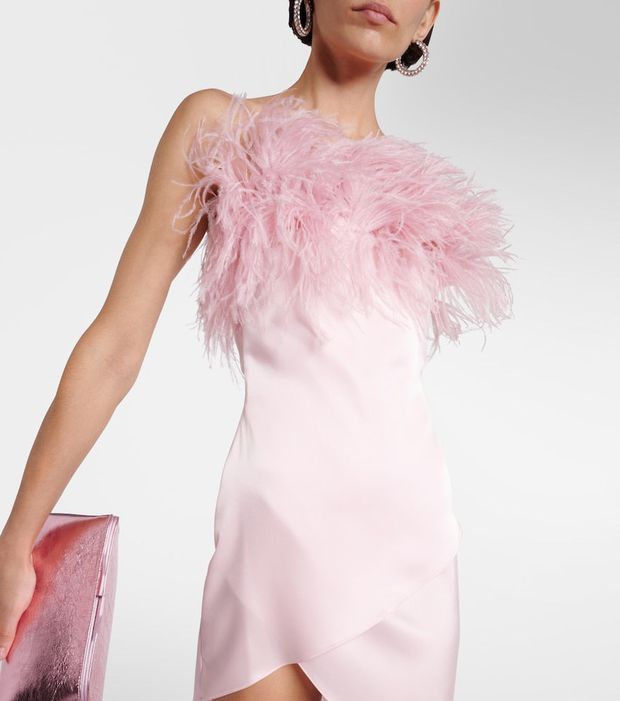 David Koma Feather-trimmed satin midi dress