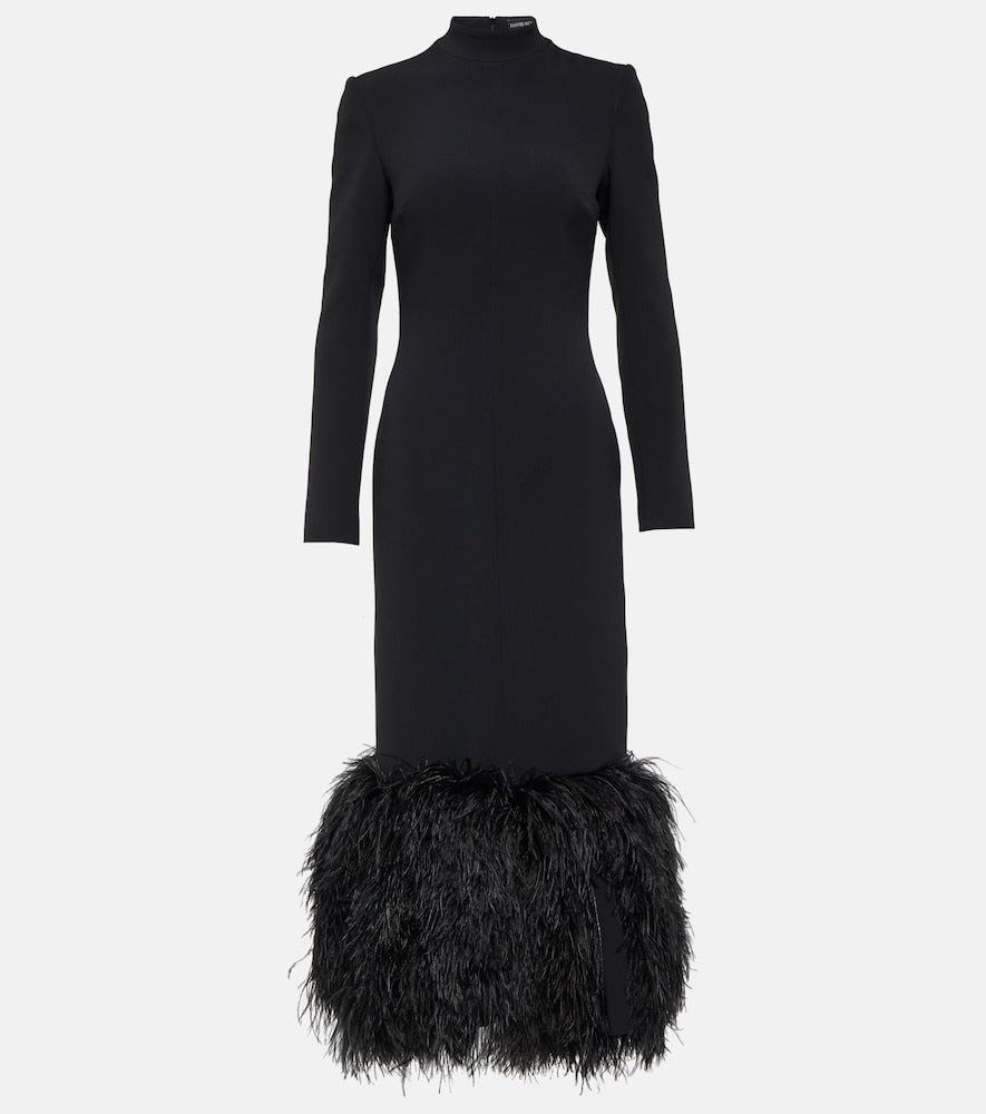 David Koma Feather-trimmed cady midi dress. David Koma 羽毛饰边绉纱中长连衣裙