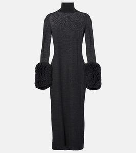 Alaia Faux shearling-trimmed virgin wool midi dress