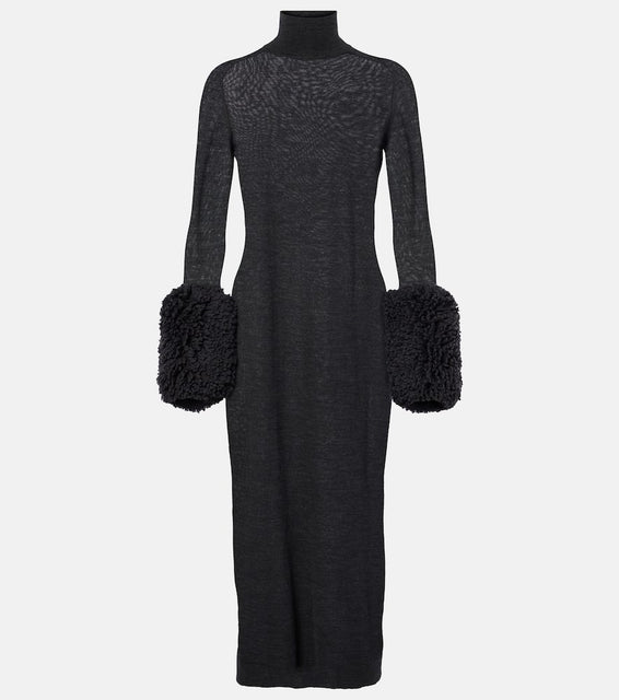 Alaia Faux shearling-trimmed virgin wool midi dress