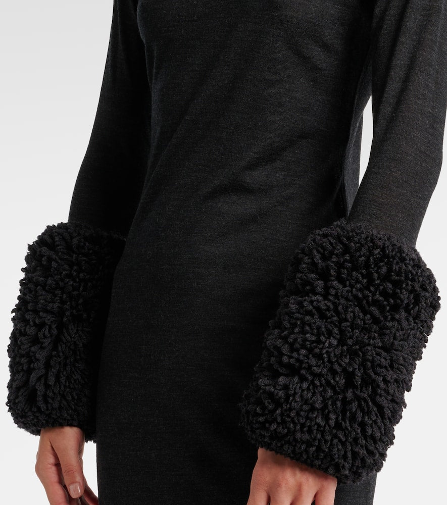 Alaia Faux shearling-trimmed virgin wool midi dress