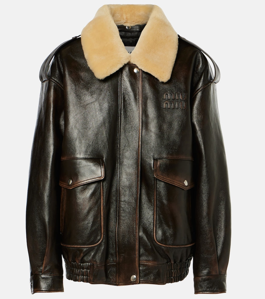 Miu Miu Logo faux shearling-trimmed leather jacket - Miu Miu Logo 仿羊羔绒饰边皮夹克