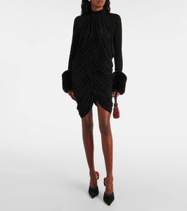 Magda Butrym Gathered faux fur-trimmed mesh minidress