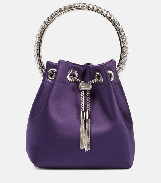 Jimmy Choo Bon Bon Small satin bucket bag. Shop Jimmy Choo Top-Handle Bags for women now.