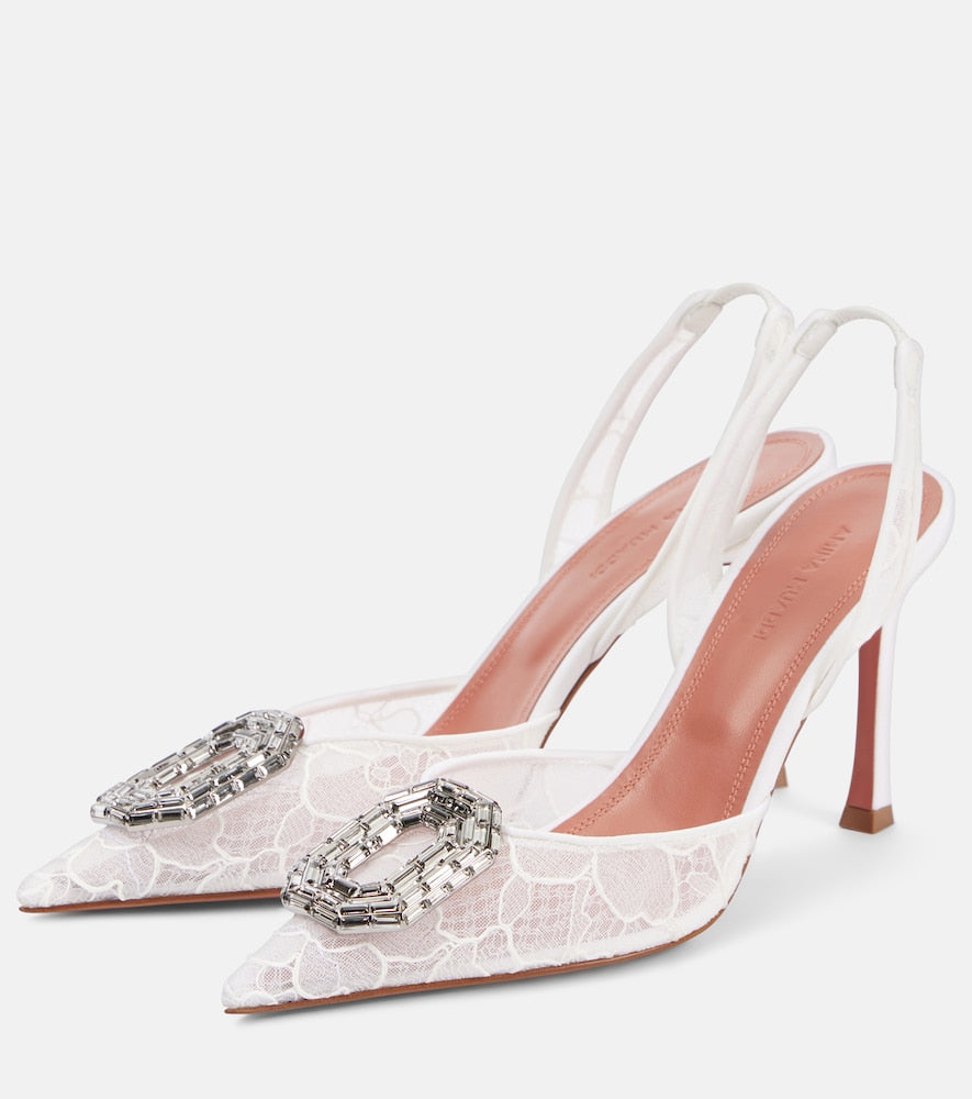 Amina Muaddi Camelia 90 embellished lace slingback sandals
