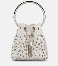 Jimmy Choo Bon Bon Micro laser-cut satin bucket bag. Shop Jimmy Choo Top-Handle Bags for women now.