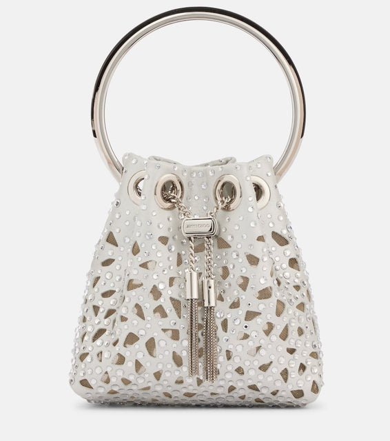 Jimmy Choo Bon Bon Micro laser-cut satin bucket bag. Shop Jimmy Choo Top-Handle Bags for women now.