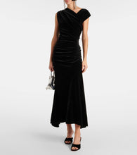 Ganni Asymmetric ruched velvet midi dress