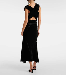 Ganni Asymmetric ruched velvet midi dress