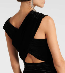 Ganni Asymmetric ruched velvet midi dress