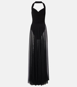 Norma Kamali Cayla draped mesh maxi dress