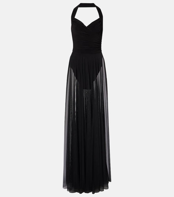 Norma Kamali Cayla draped mesh maxi dress