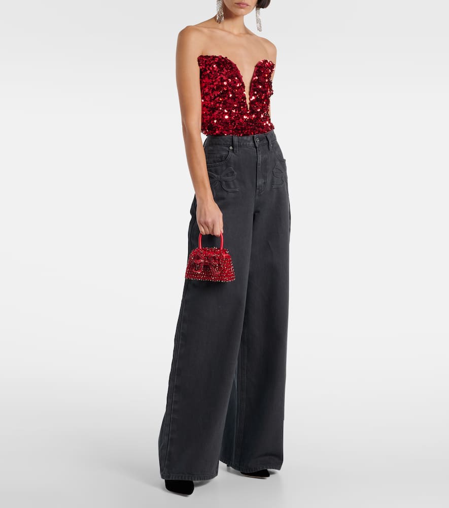 Self-Portrait Bow Micro beaded leather tote bag