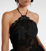 Self-Portrait Lace-trimmed halterneck taffeta minidress