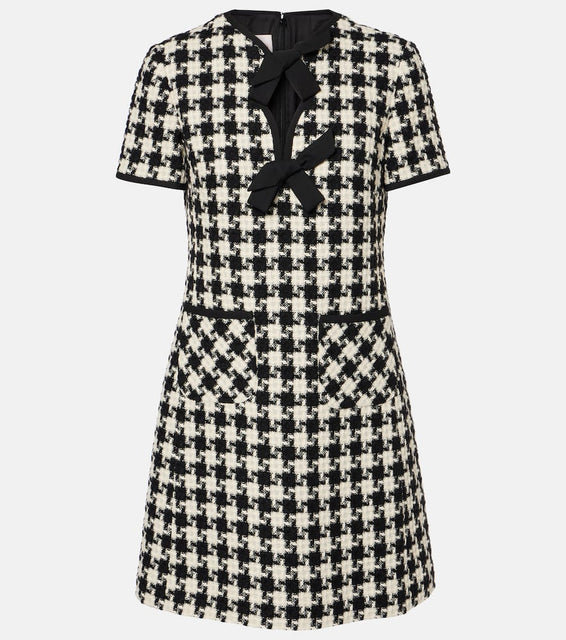 Valentino Bow-detail houndstooth tweed minidress