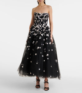 Monique Lhuillier Floral-appliqu√É¬© strapless tulle midi dress