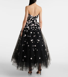 Monique Lhuillier Floral-appliqu√É¬© strapless tulle midi dress