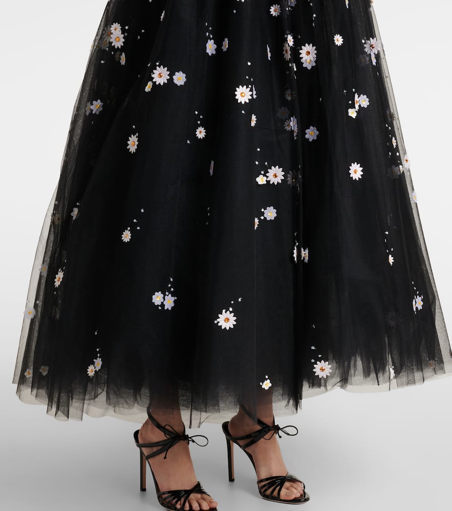 Monique Lhuillier Floral-appliqu√É¬© strapless tulle midi dress