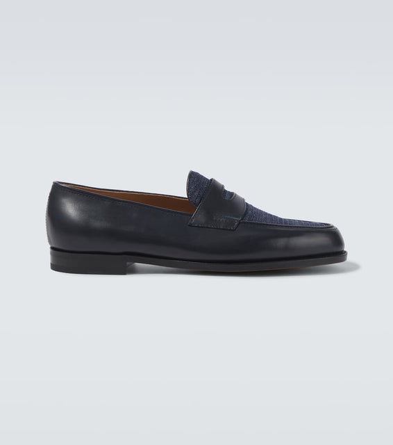 John Lobb Lopez leather and denim penny loafers