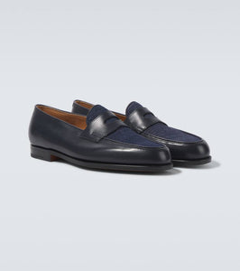 John Lobb Lopez leather and denim penny loafers
