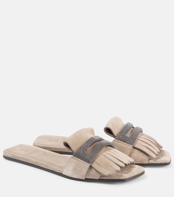 Brunello Cucinelli Fringed suede slippers
