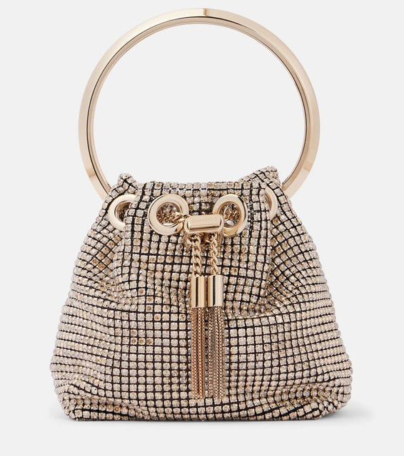 Jimmy Choo Bon Bon Mini crystal-embellished bucket bag. Shop Jimmy Choo Top-Handle Bags for women now.