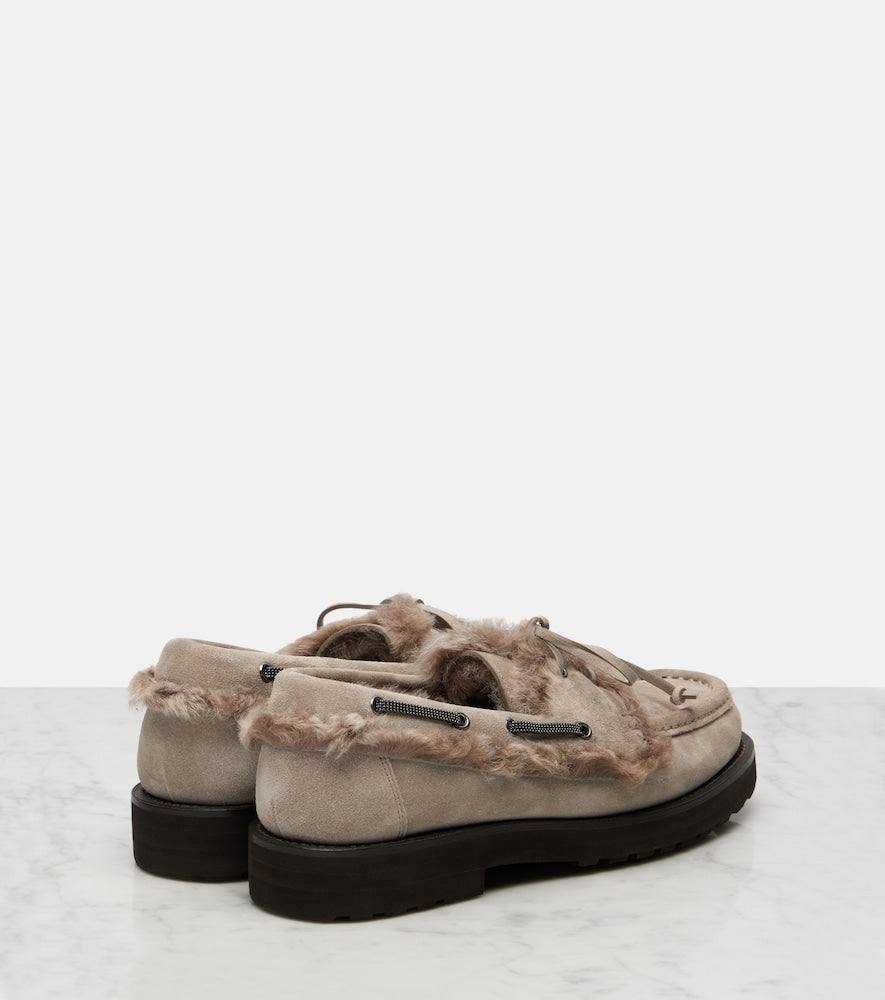 Brunello Cucinelli Monili shearling-trimmed suede boat shoes