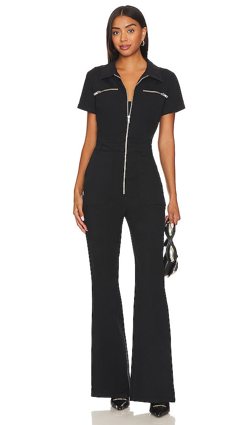 PISTOLA Martina Short Sleeve Flare Jumpsuit in Black - PISTOLA Martina - Combinaison évasée à manches courtes en noir - PISTOLA Martina 黑色短袖喇叭连身裤 - PISTOLA Martina Kurzärmliger Schlagoverall in Schwarz - PISTOLA Martina 숏슬리브 플레어 점프수트블랙 색상 - Tuta svasata a maniche corte PISTOLA Martina in nero