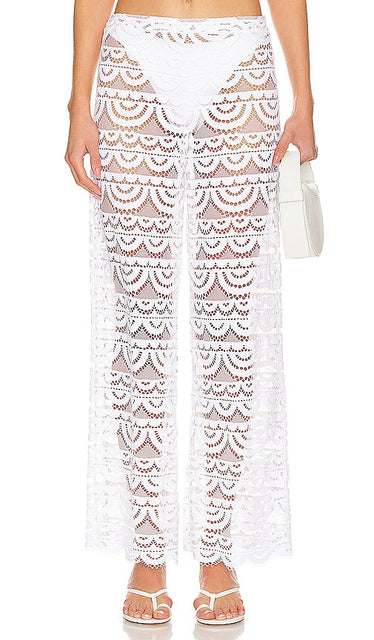 PQ High Waist Lace Pants in White - Pantalon en dentelle taille haute PQ en blanc - PQ 白色高腰蕾丝长裤 - PQ Spitzenhose mit hoher Taille in Weiß - PQ 하이웨이스트 레이스 팬츠화이트 색상 - Pantaloni in pizzo a vita alta PQ in bianco