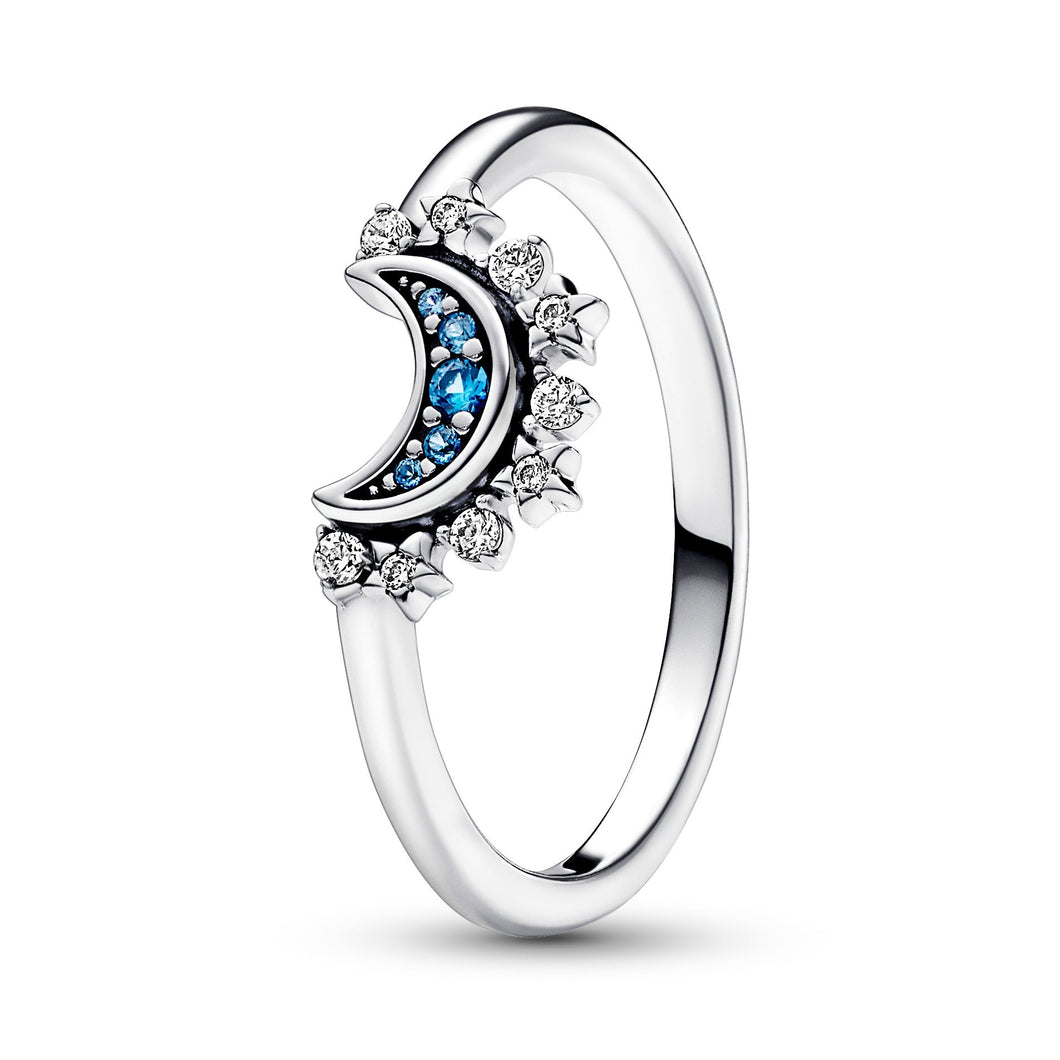 Pandora Celestial Blue Sparkling Moon Ring | Size 5