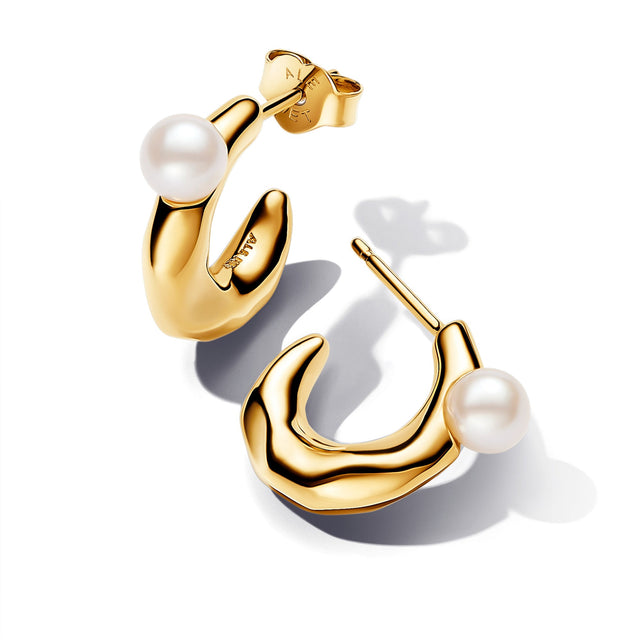 Pandora Essence Treated Freshwater Cultured Pearl & Organically Shaped Gold-Plated Hoop Earrings