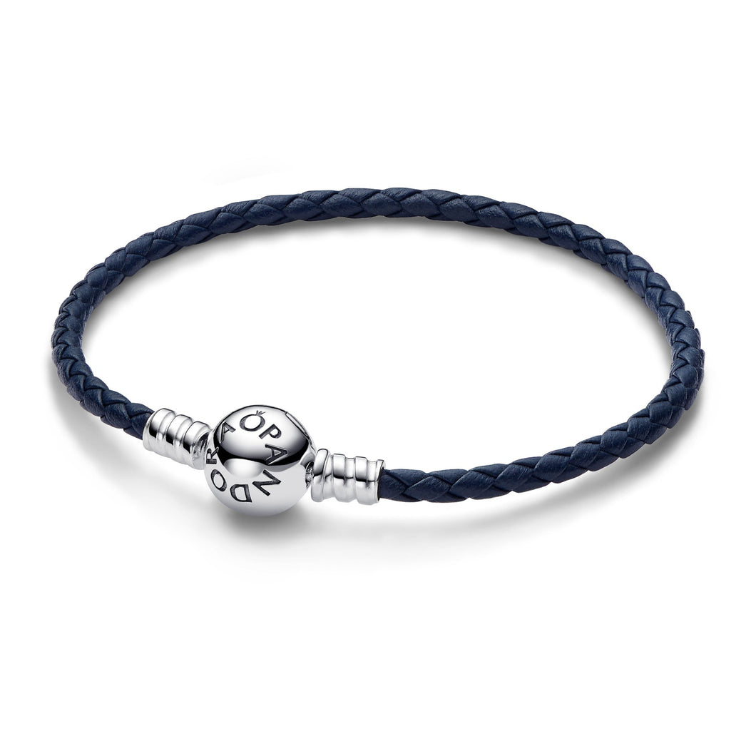 Pandora Moments Round Clasp Blue Braided Leather Bracelet | 6.3 Inches