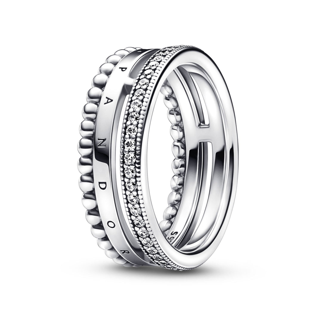 Pandora Signature Logo Pave & Beads Ring - Size 6