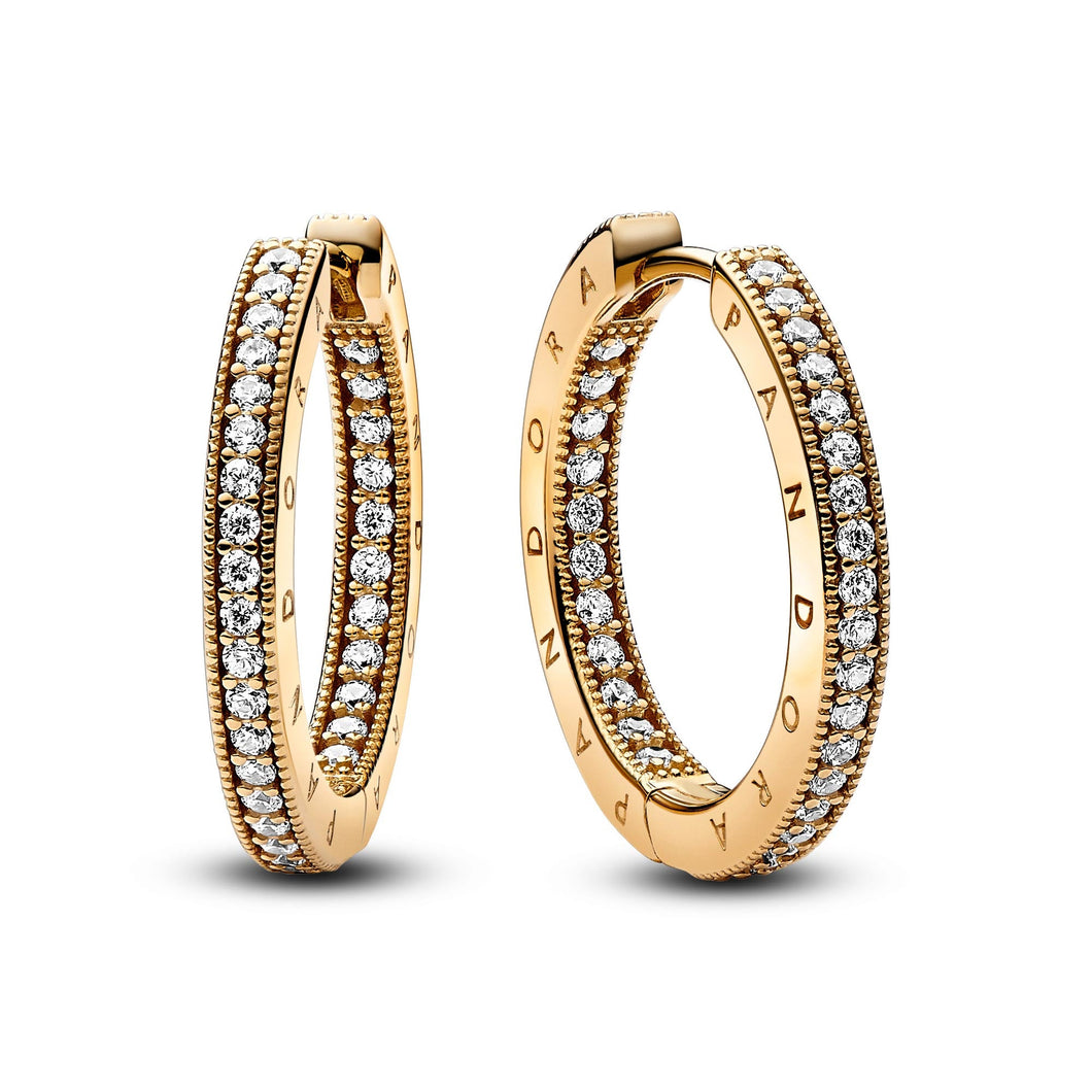 Pandora Signature Logo & Pave Hoop Earrings | Gold-Plated