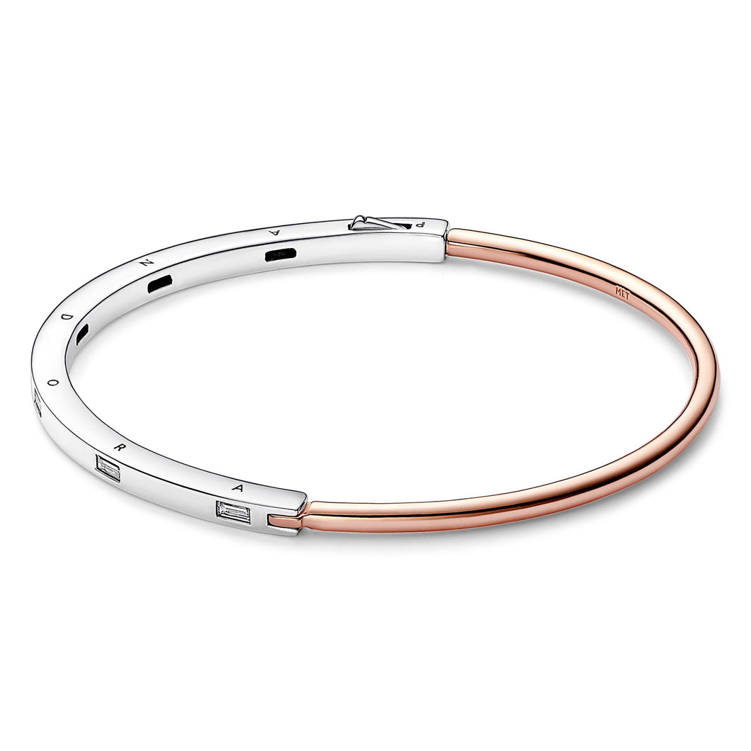 Pandora Signature Two-Tone I-D Pave Bangle Bracelet | Rose Gold-Plated | Size 6.3 Inches