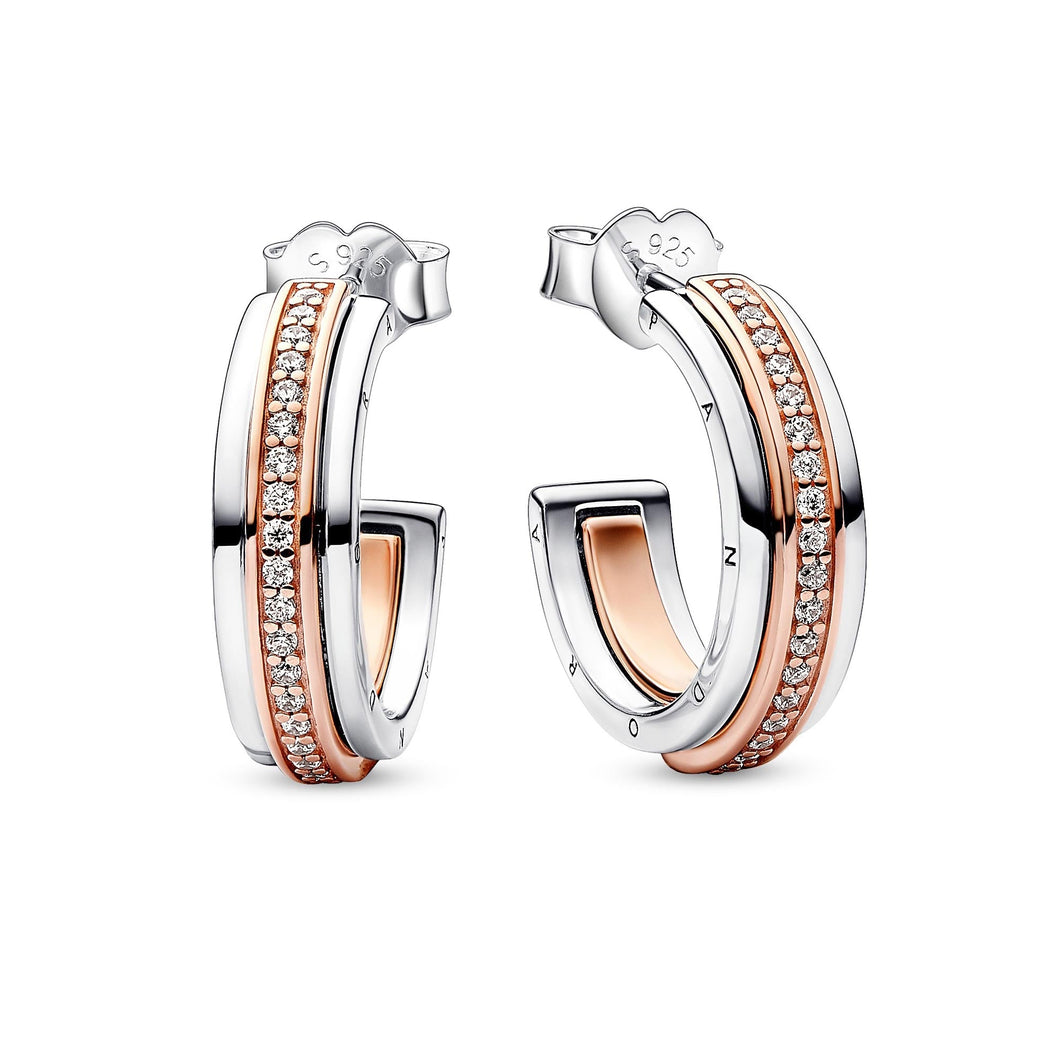 Pandora Signature Two-Tone Logo & Pave Hoop Earrings | Rose Gold-Plated