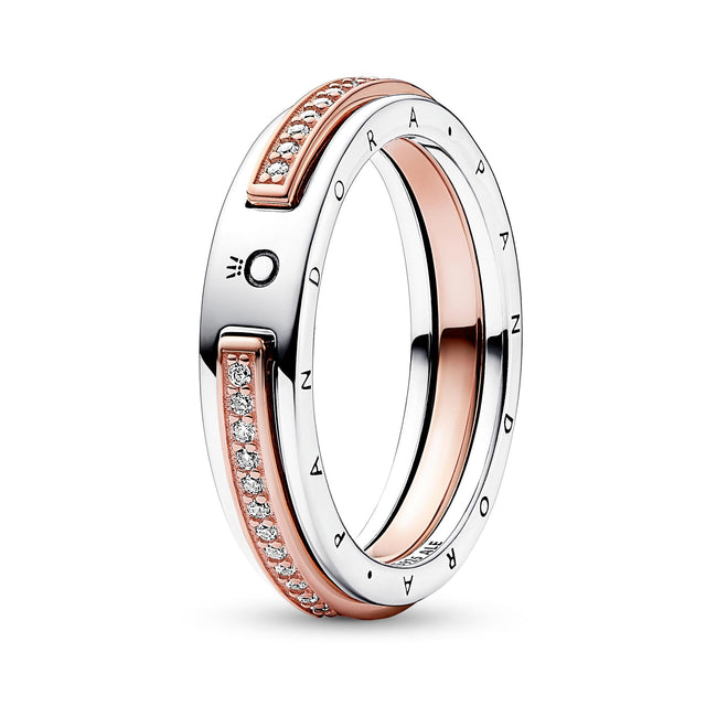 Pandora Signature Two-Tone Logo & Pave Ring | Rose Gold-Plated | Size 5