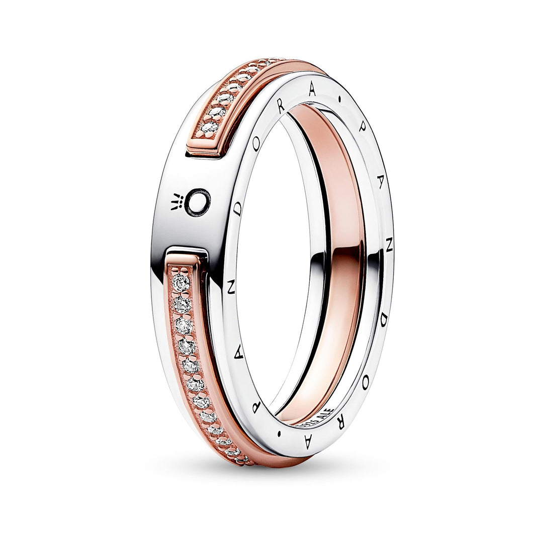 Pandora Signature Two-Tone Logo & Pave Ring | Rose Gold-Plated | Size 5
