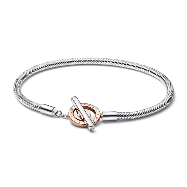 Pandora Signature Two-Tone Logo T-Bar Snake Chain Bracelet | Rose Gold-Plated - 7 Inches