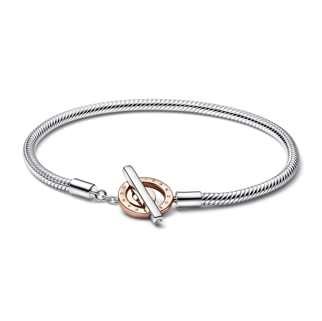 Pandora Signature Two-Tone Logo T-Bar Snake Chain Bracelet | Rose Gold-Plated - 7 Inches