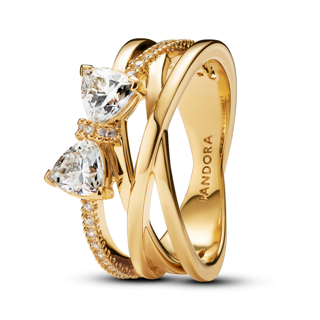 Pandora Sparkling Bow & Crossover Gold-Plated Band Ring - Size 5