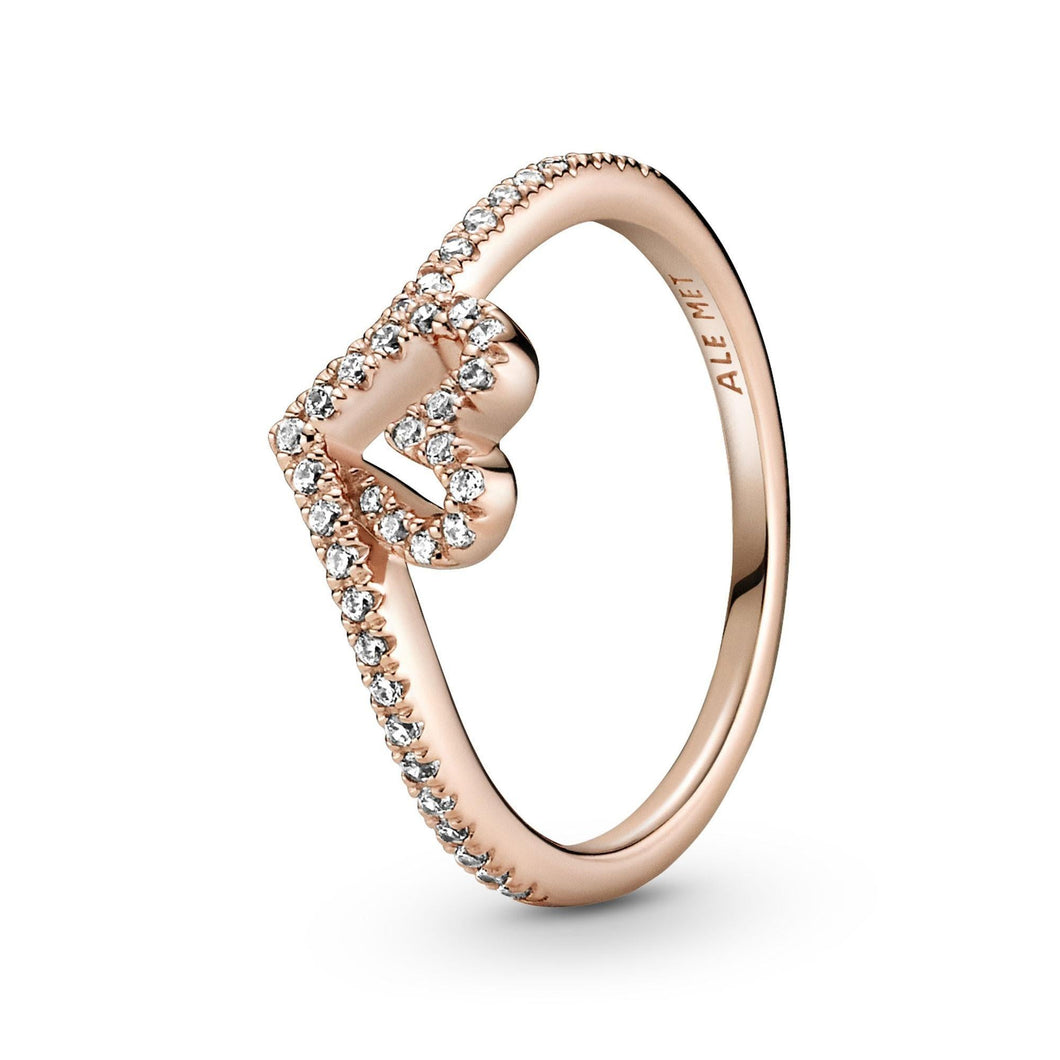 Pandora Sparkling Wishbone Heart Ring, Rose Gold-Plated - Size 9